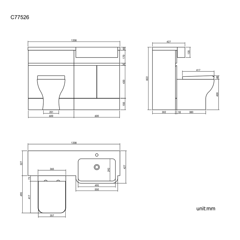 Foster Stone Grey Combination Vanity Basin and Atlanta Toilet 1200mm - Right Handed