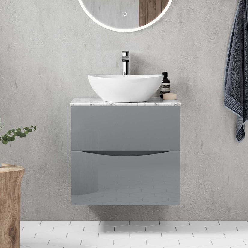 Austin Stone Grey Wall Hung Drawer Vanity with Marble Top & Oval Counter Top Basin 600mm