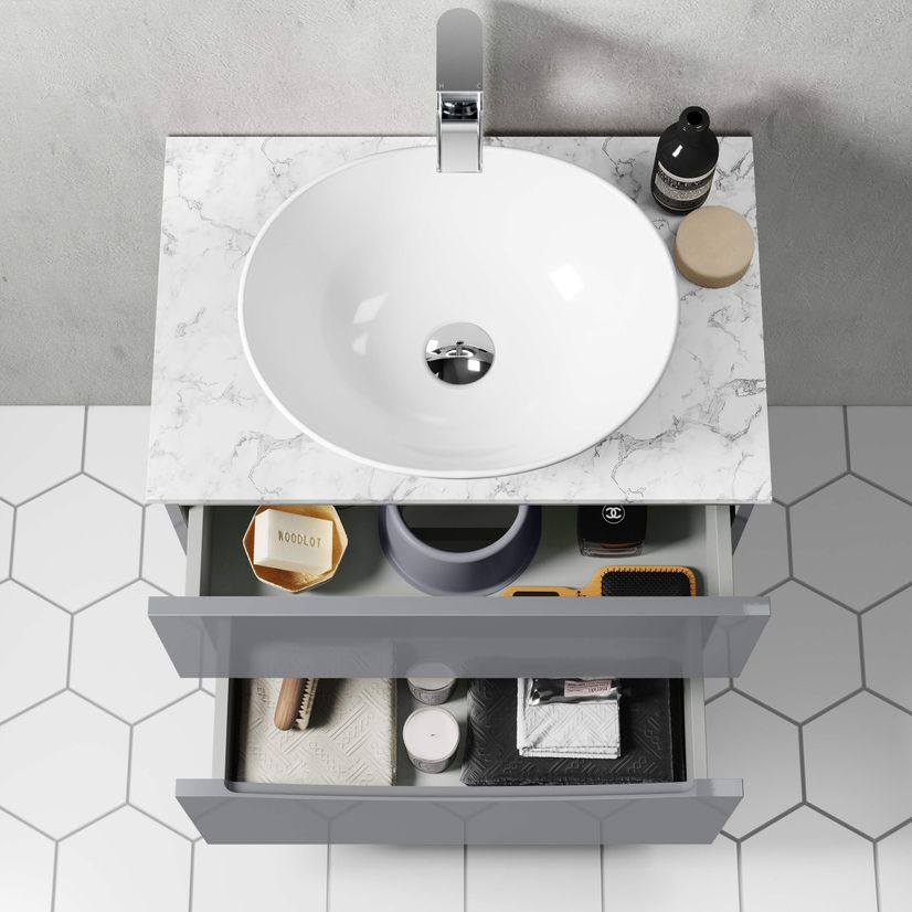 Austin Stone Grey Wall Hung Drawer Vanity with Marble Top & Oval Counter Top Basin 600mm