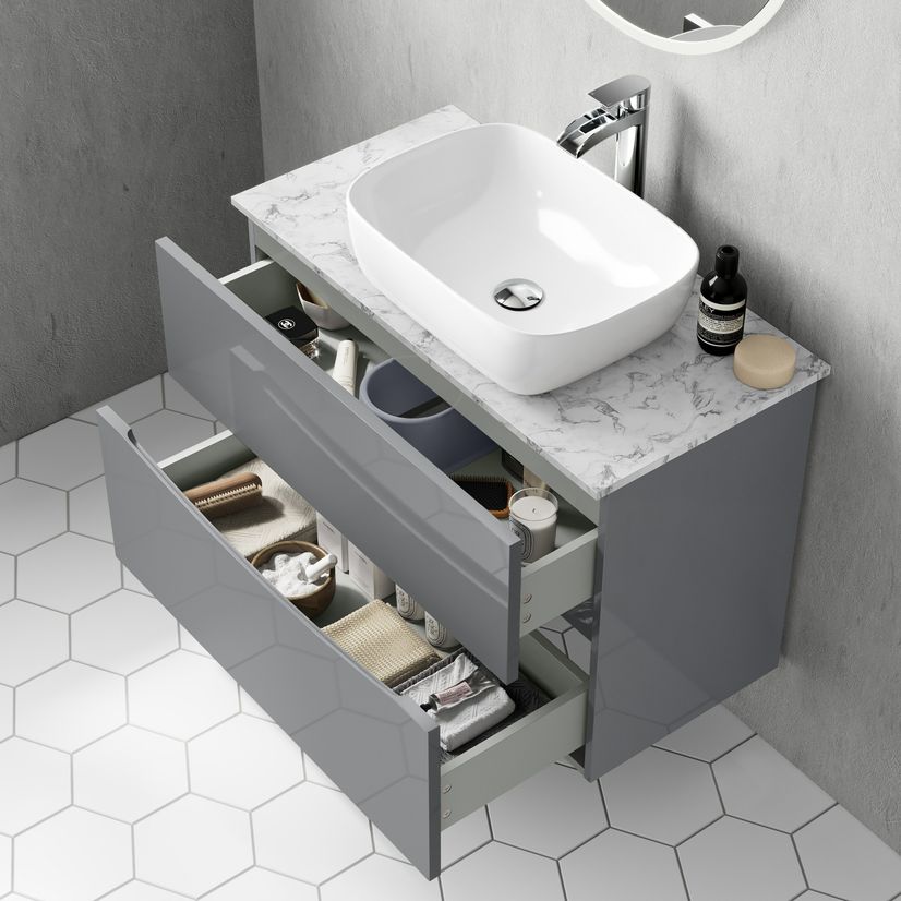 Austin Stone Grey Wall Hung Drawer Vanity with Marble Top & Curved Counter Top Basin 800mm