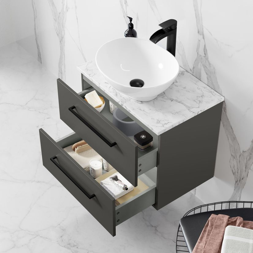 Elba Graphite Grey Wall Hung Drawer Vanity with Marble Top & Oval Counter Top Basin 600mm - Black Accents