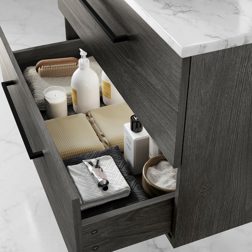 Elba Charcoal Elm Wall Hung Drawer Vanity with Marble Top & Curved Counter Top Basin 800mm - Black Accents