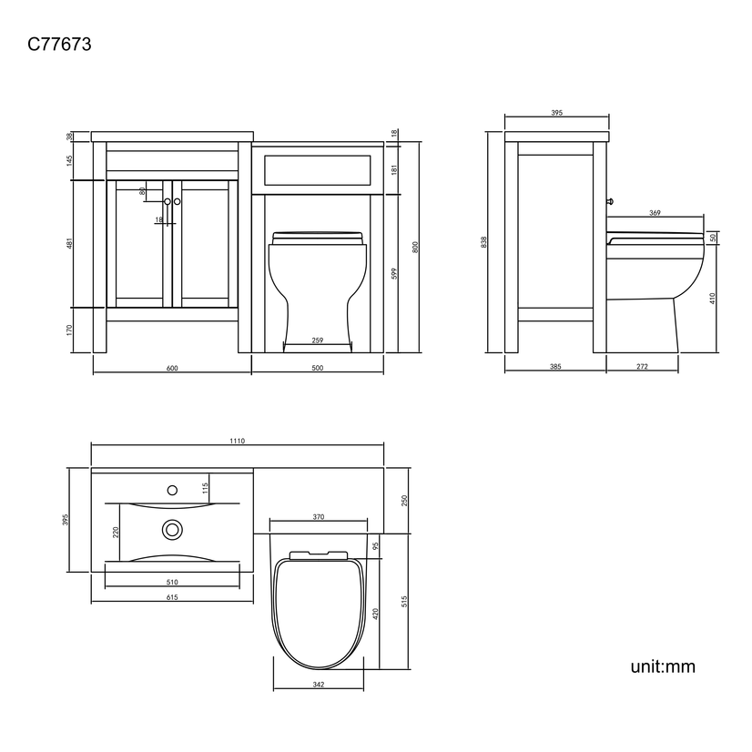 Bermuda Graphite Grey Combination Vanity Basin and Seattle Toilet 1100mm
