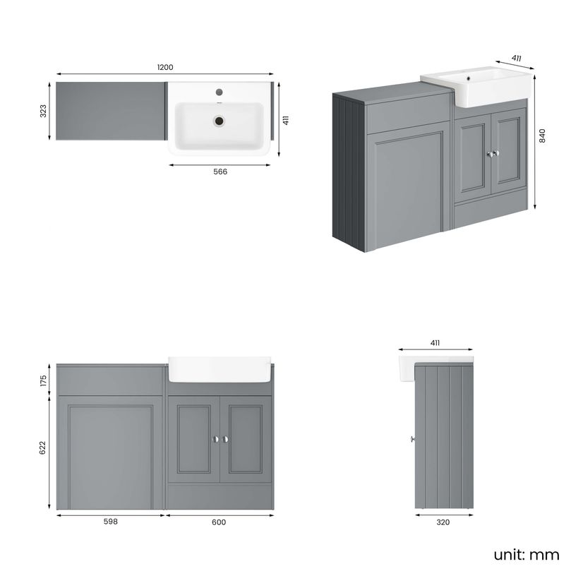 Monaco Dove Grey Basin Vanity and Back To Wall Toilet Unit 1200mm (Excludes Pan & Cistern)