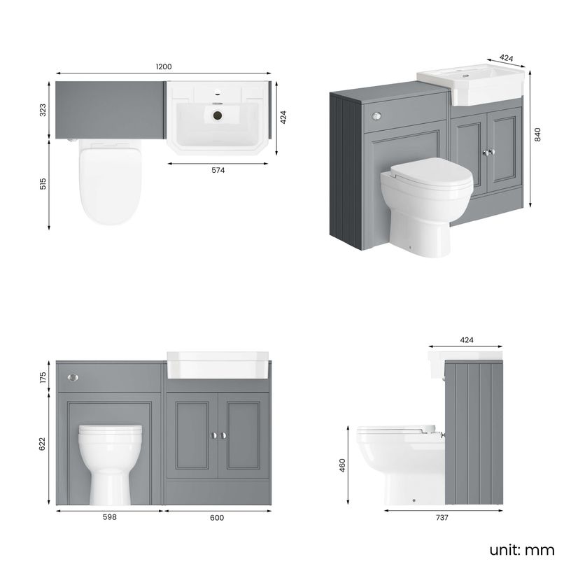 Monaco Dove Grey Combination Vanity Traditional Basin and Seattle Toilet 1200mm
