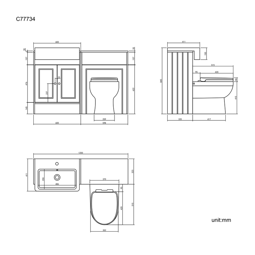 Monaco Graphite Grey Combination Vanity Basin and Seattle Toilet 1200mm