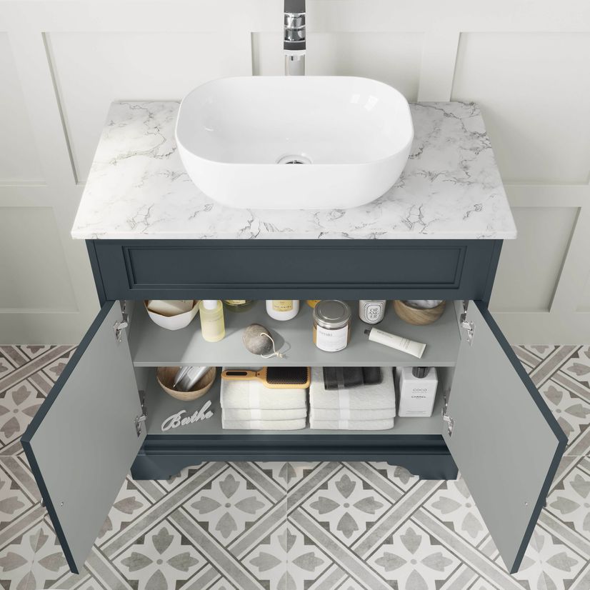 Lucia Inky Blue Vanity with Marble Top & Curved Counter Top Basin 840mm