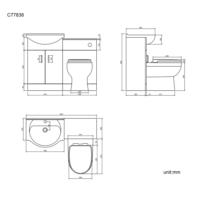 Quartz Stone Grey Combination Vanity Basin and Seattle Toilet 1050mm - Black Accents