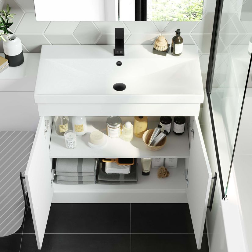 Avon Gloss White Basin Vanity and Back To Wall Unit 1300mm - Black Accents