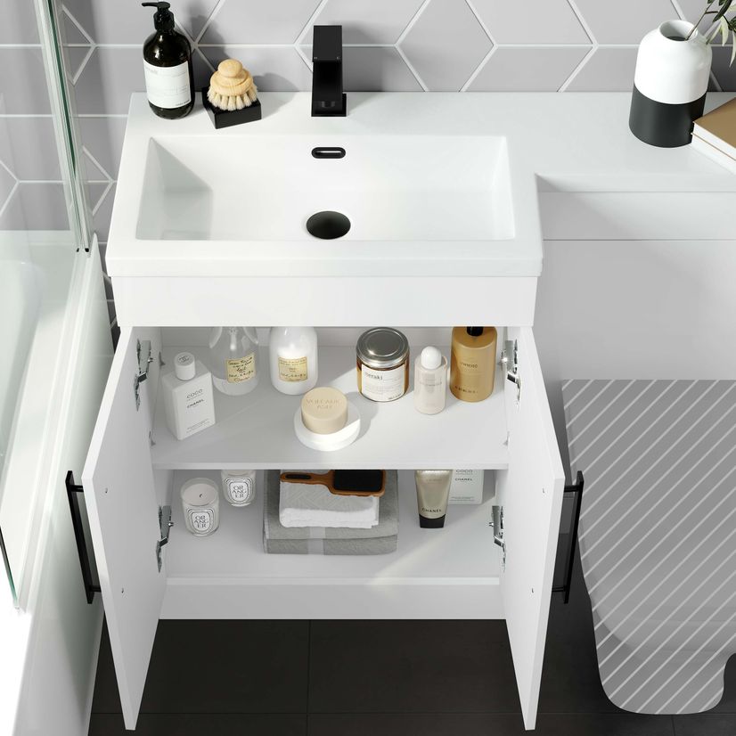 Avon Gloss White Basin Vanity and Back To Wall Unit 1100mm - Black Accents - Left Handed