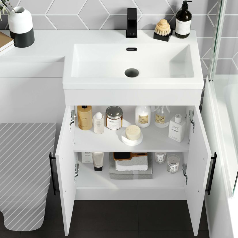 Avon Gloss White Basin Vanity and Back To Wall Unit 1100mm - Black Accents - Right Handed