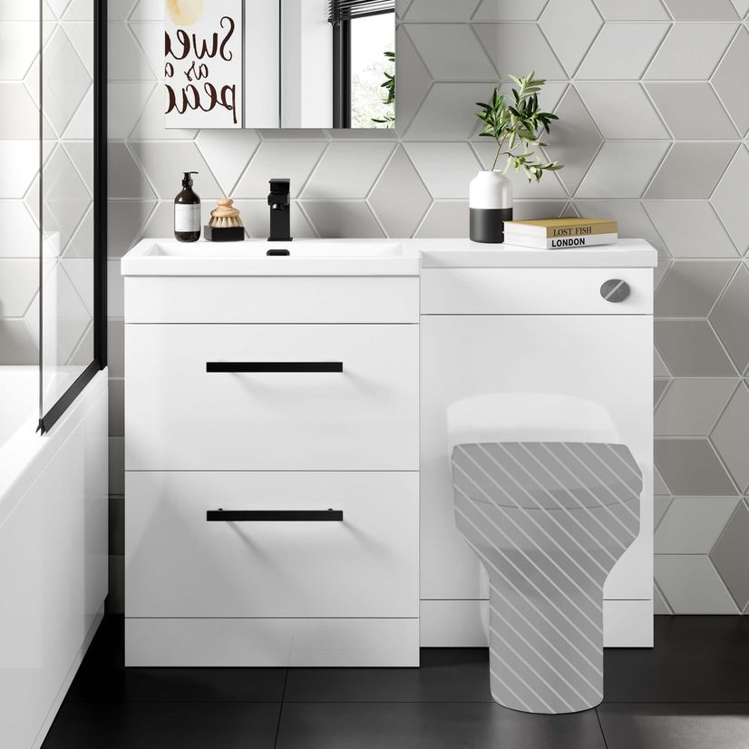 Avon Gloss White Basin Vanity Drawer and Back To Wall Unit 1100mm - Black Accents - Left Handed