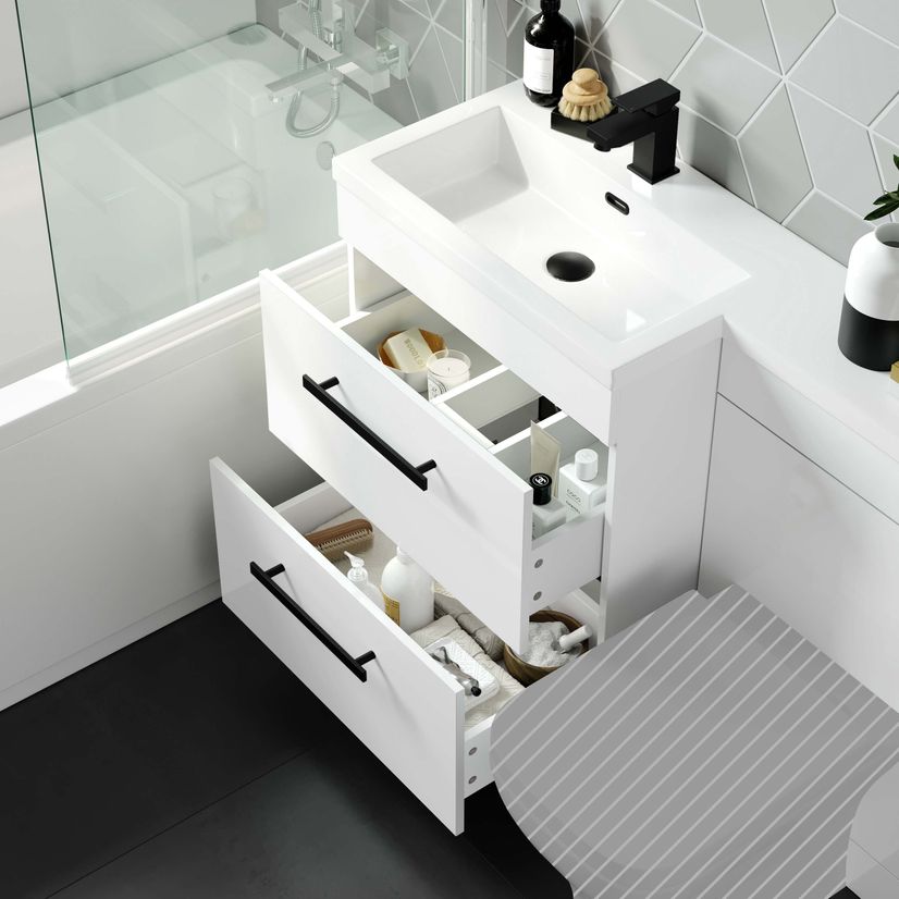 Avon Gloss White Basin Vanity Drawer and Back To Wall Unit 1100mm - Black Accents - Left Handed