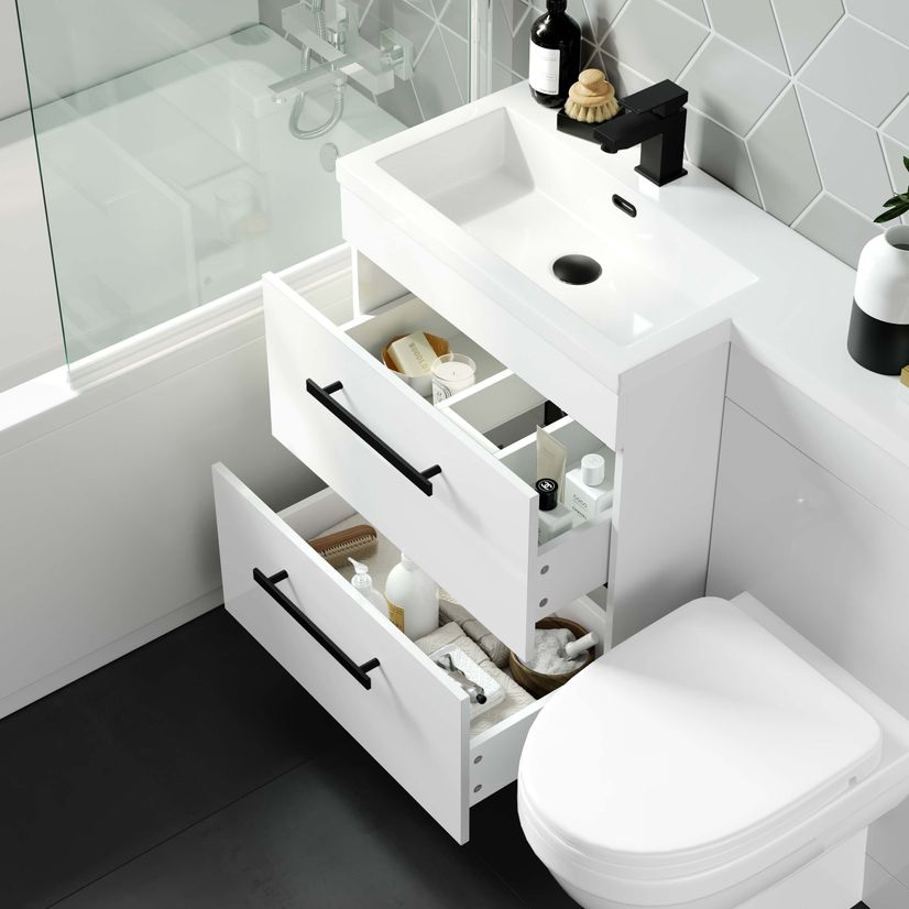 Avon Gloss White Combination Basin Drawer and Seattle Toilet 1100mm - Black Accents - Left Handed