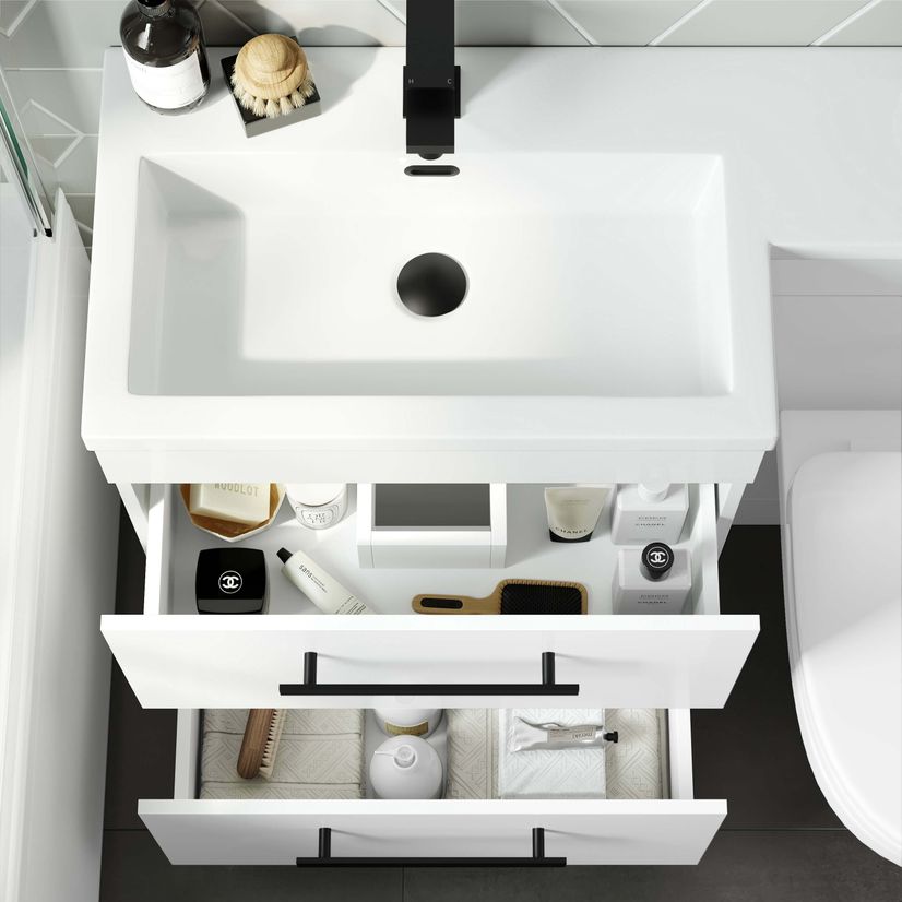 Avon Gloss White Combination Basin Drawer and Seattle Toilet 1100mm - Black Accents - Left Handed