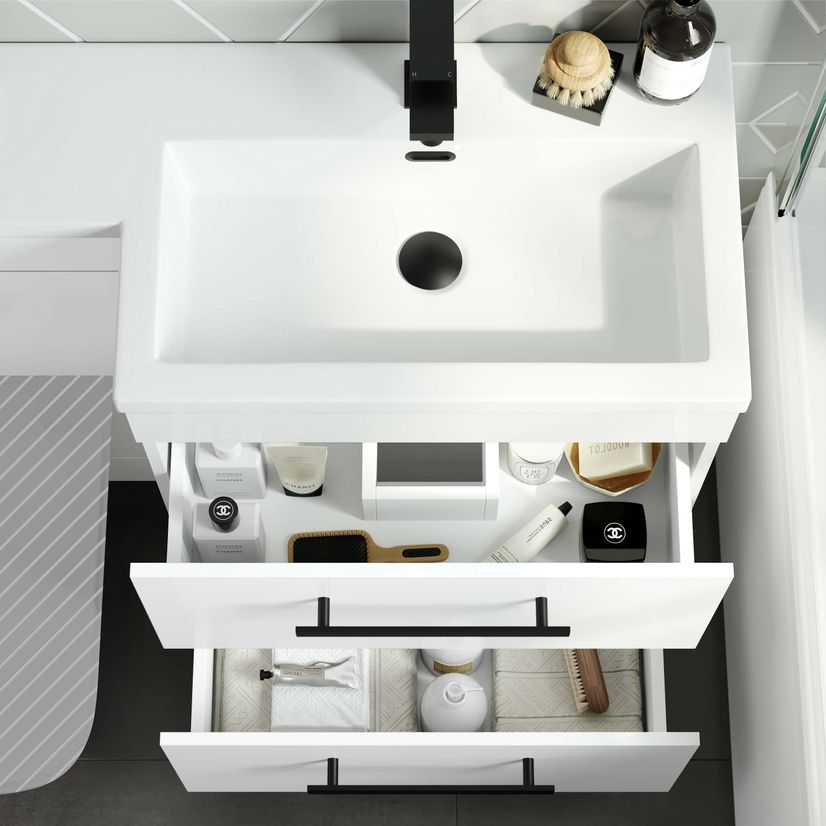 Avon Gloss White Basin Vanity Drawer and Back To Wall Unit 1100mm - Black Accents - Right Handed