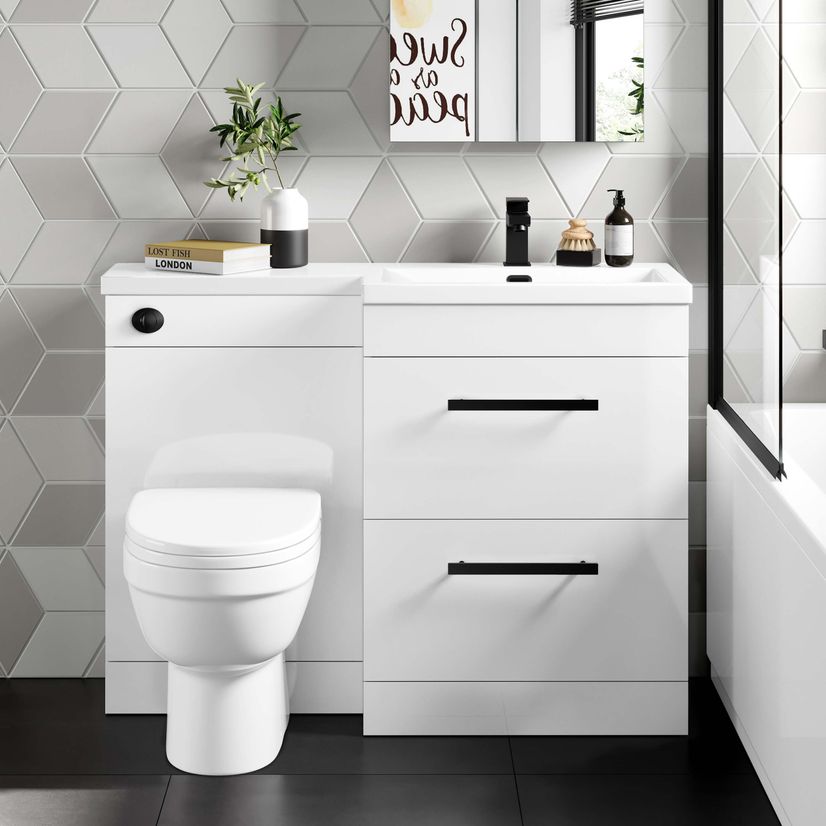 Avon Gloss White Combination Basin Drawer and Seattle Toilet 1100mm - Black Accents - Right Handed