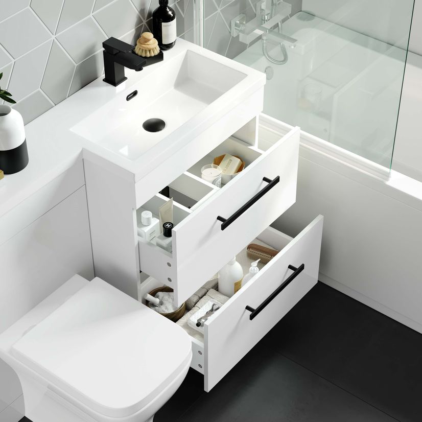 Avon Gloss White Combination Basin Drawer and Atlanta Toilet 1100mm - Black Accents - Right Handed