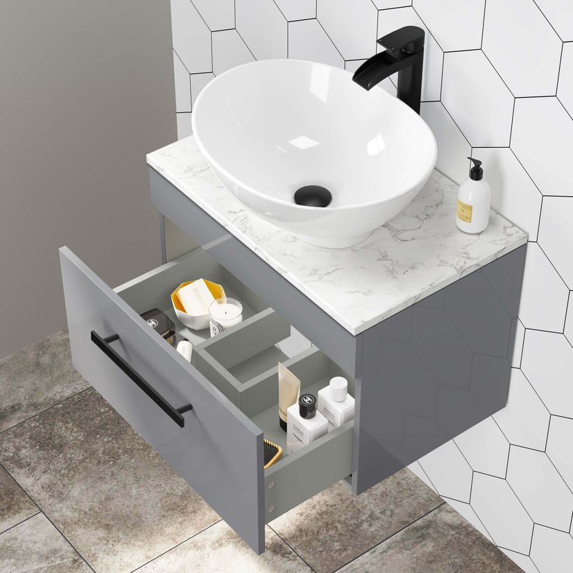 Avon Stone Grey Wall Hung Drawer Vanity with Marble Top & Oval Counter Top Basin 600mm - Black Accents