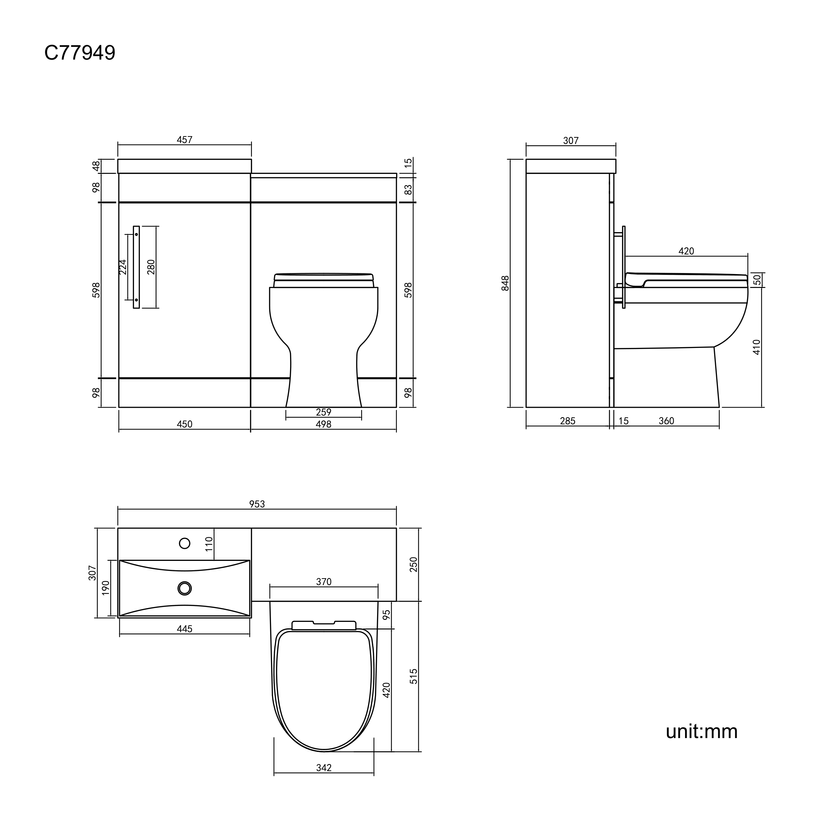 Avon Stone Grey Combination Vanity Basin and Seattle Toilet 950mm