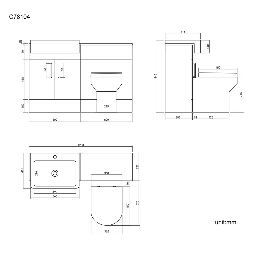 Harper Charcoal Elm Combination Vanity Basin and Denver Toilet 1200mm - Black Accents