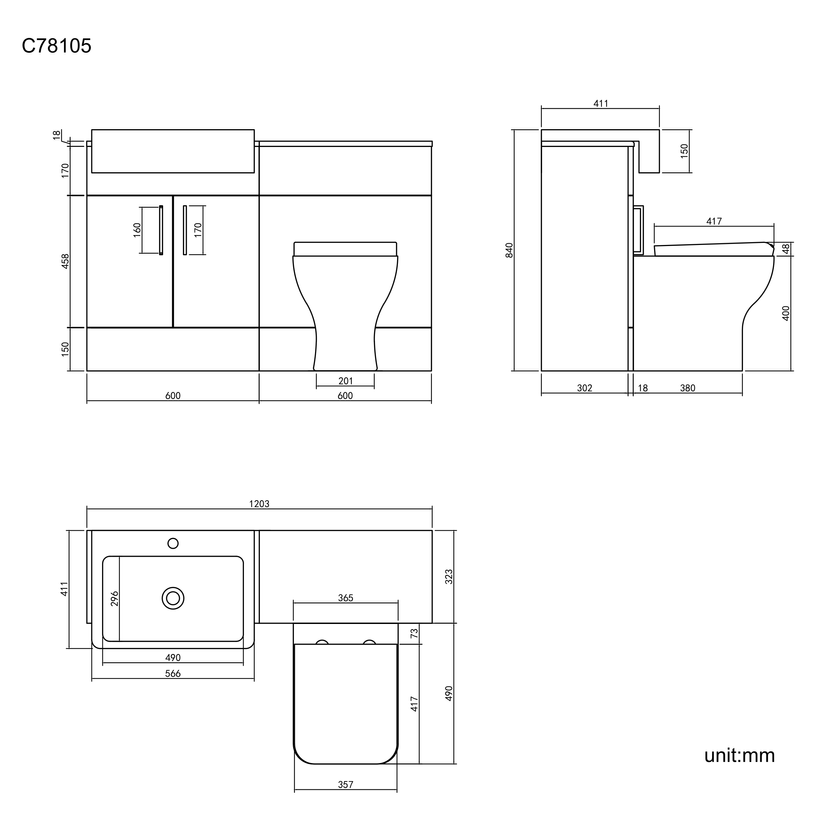 Harper Charcoal Elm Combination Vanity Basin and Atlanta Toilet 1200mm - Black Accents