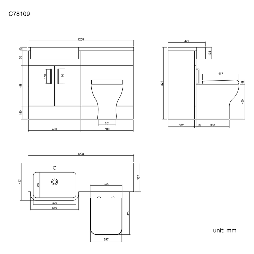Harper Charcoal Elm Combination Vanity Basin and Atlanta Toilet 1200mm - Black Accents - Left Handed