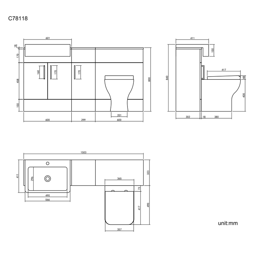 Harper Charcoal Elm Combination Vanity Basin and Atlanta Toilet 1500mm - Black Accents