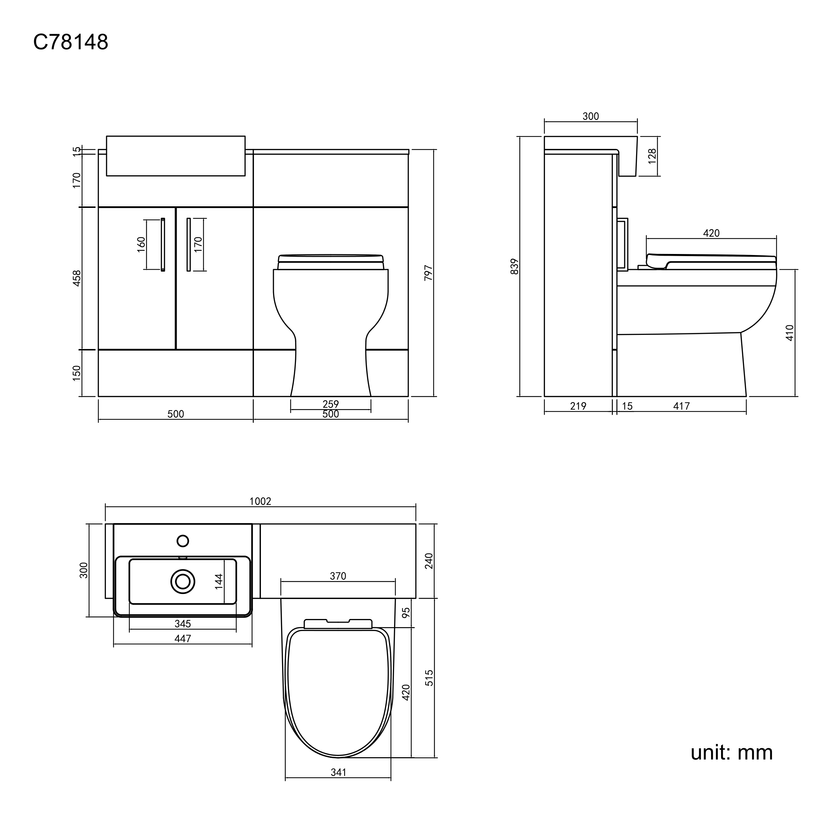 Harper Charcoal Elm Combination Vanity Basin & Seattle Toilet 1000mm - Black Accents