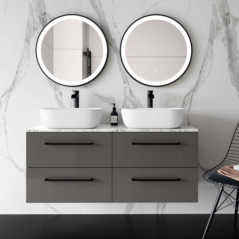 Elba Graphite Grey Double Wall Hung Drawer Vanity with Marble Top & Curved Counter Top Basin 1200mm - Black Accents