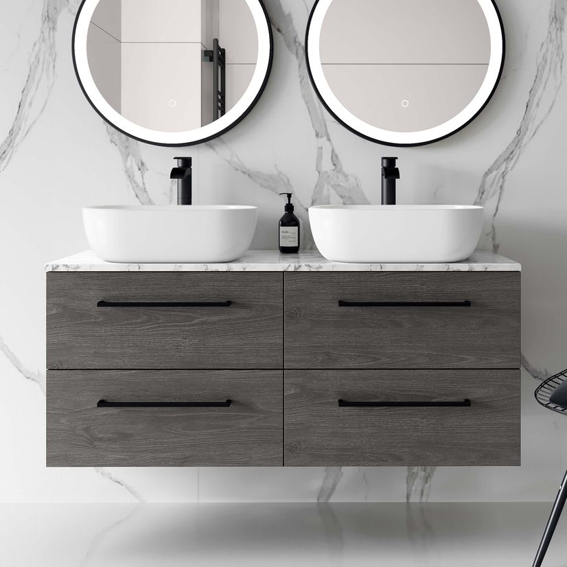 Elba Charcoal Elm Double Wall Hung Drawer Vanity with Marble Top & Curved Counter Top Basin 1200mm - Black Accents