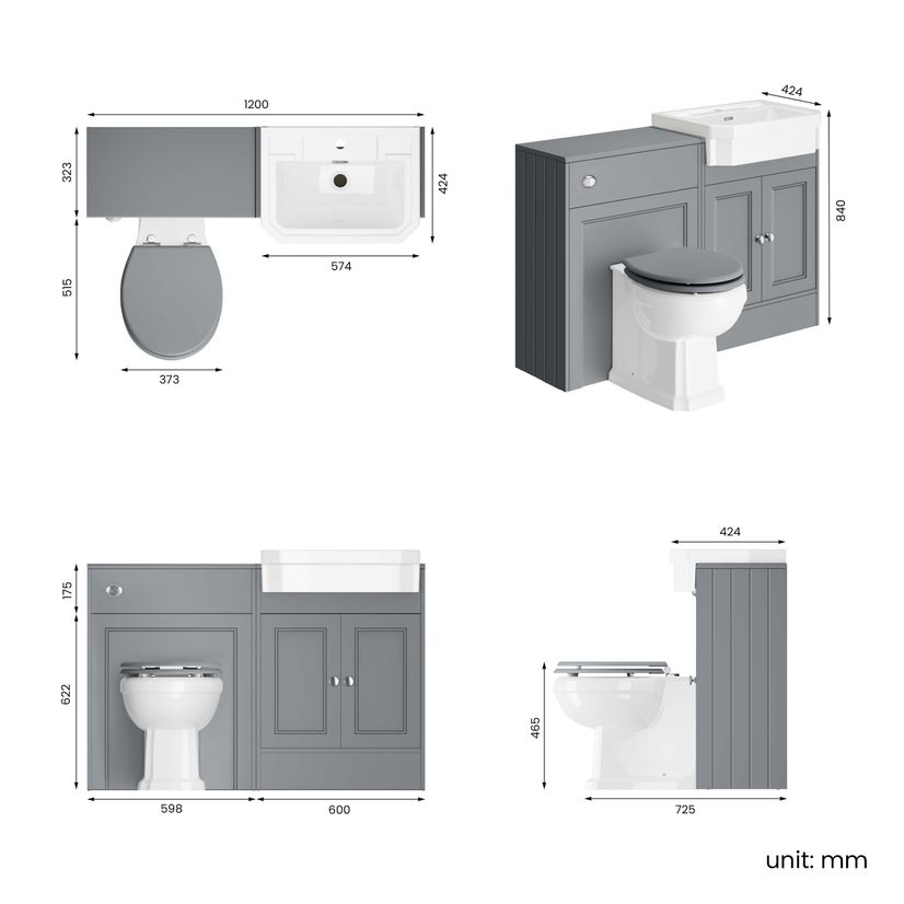 Monaco Dove Grey Combination Vanity Traditional Basin and Hudson Toilet with Wooden Seat 1200mm