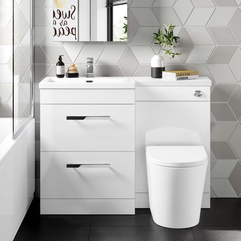 Avon Gloss White Combination Basin Drawer and Boston Toilet 1100mm - Left Handed