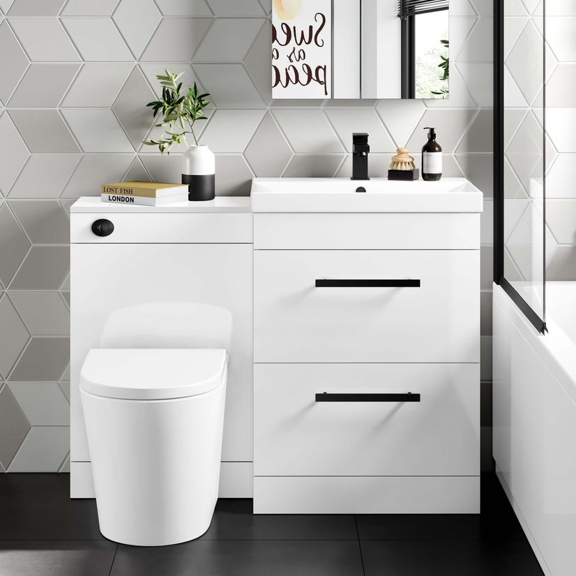 Avon Gloss White Combination Basin Drawer and Boston Toilet 1100mm - Black Accents
