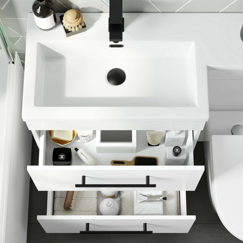 Avon Gloss White Combination Basin Drawer and Boston Toilet 1100mm - Black Accents - Left Handed