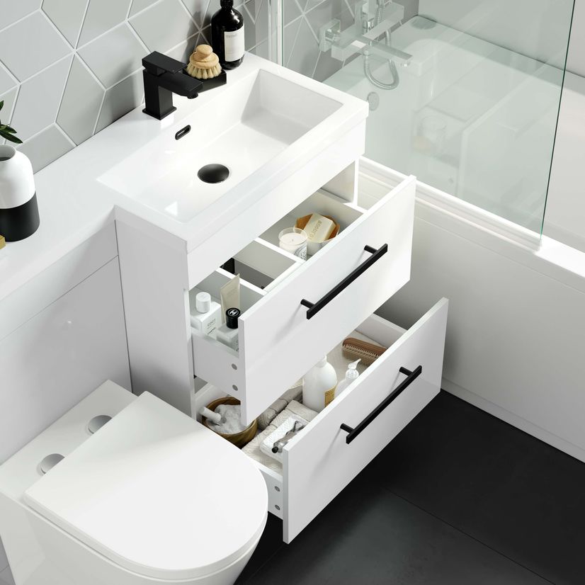 Avon Gloss White Combination Basin Drawer and Boston Toilet 1100mm - Black Accents - Right Handed