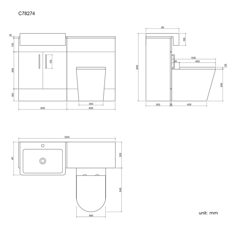 Harper Stone Grey Combination Vanity Basin and Boston Toilet 1200mm