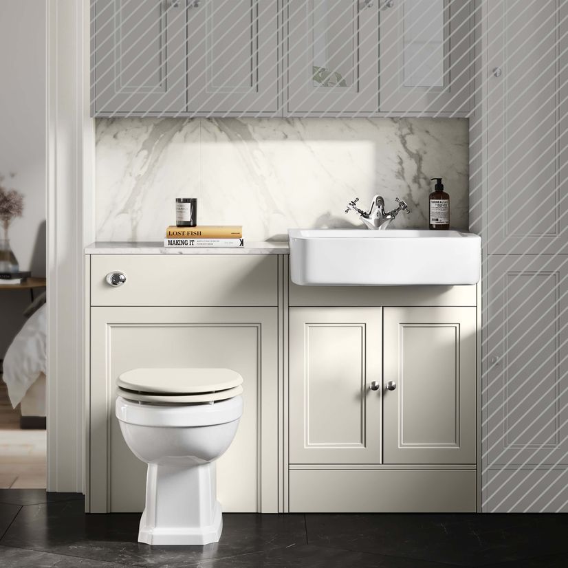 Monaco Chalk White Combination Vanity Basin with Marble Top & Hudson Toilet with Wooden Seat 1200mm