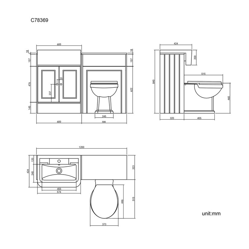 Monaco Graphite Grey Combination Vanity Traditional Basin and Hudson Toilet with Wooden Seat 1200mm