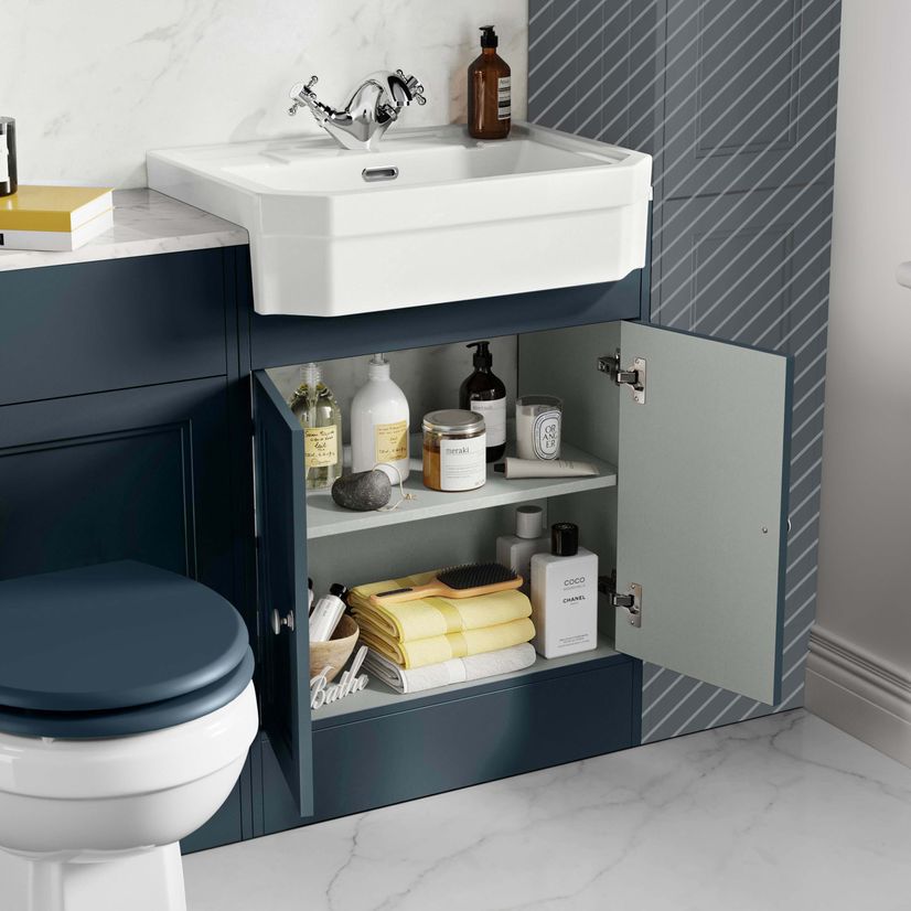 Monaco Inky Blue Combination Vanity Traditional Basin with Marble Top & Hudson Toilet with Wooden Seat 1200mm