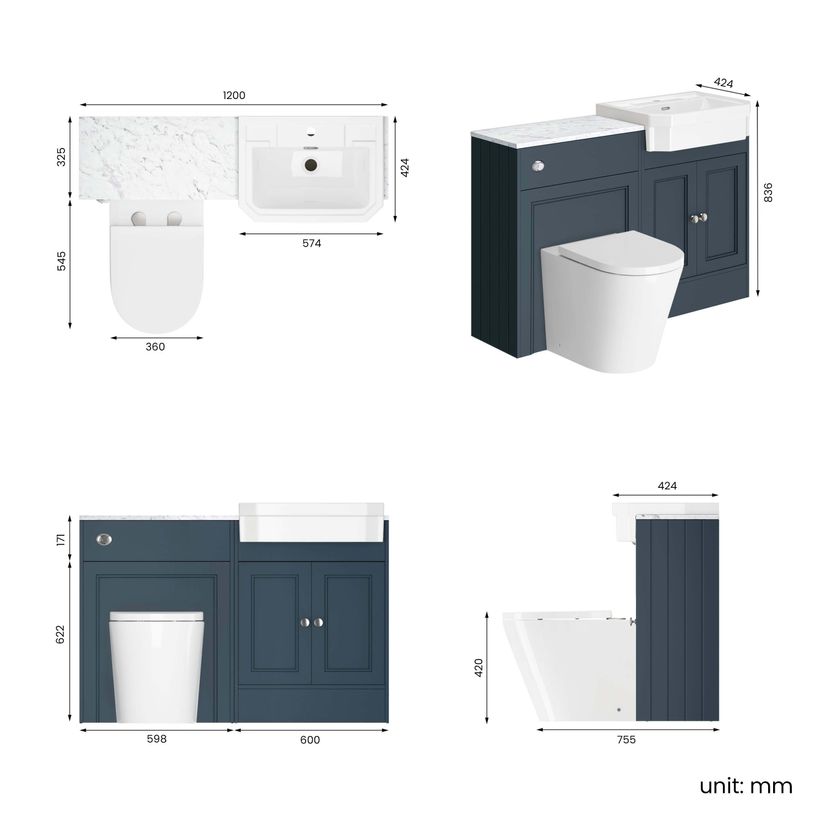 Monaco Inky Blue Combination Vanity Traditional Basin with Marble Top & Boston Toilet 1200mm