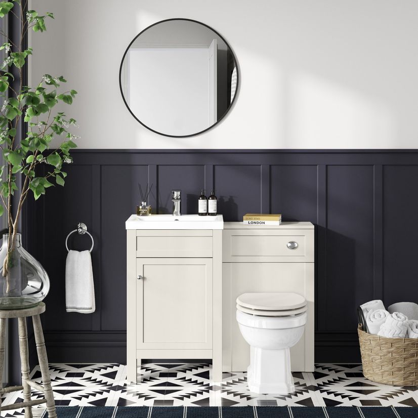 Traditional Chalk White Slimline Back To Wall Unit and Hudson Toilet with Wooden Seat