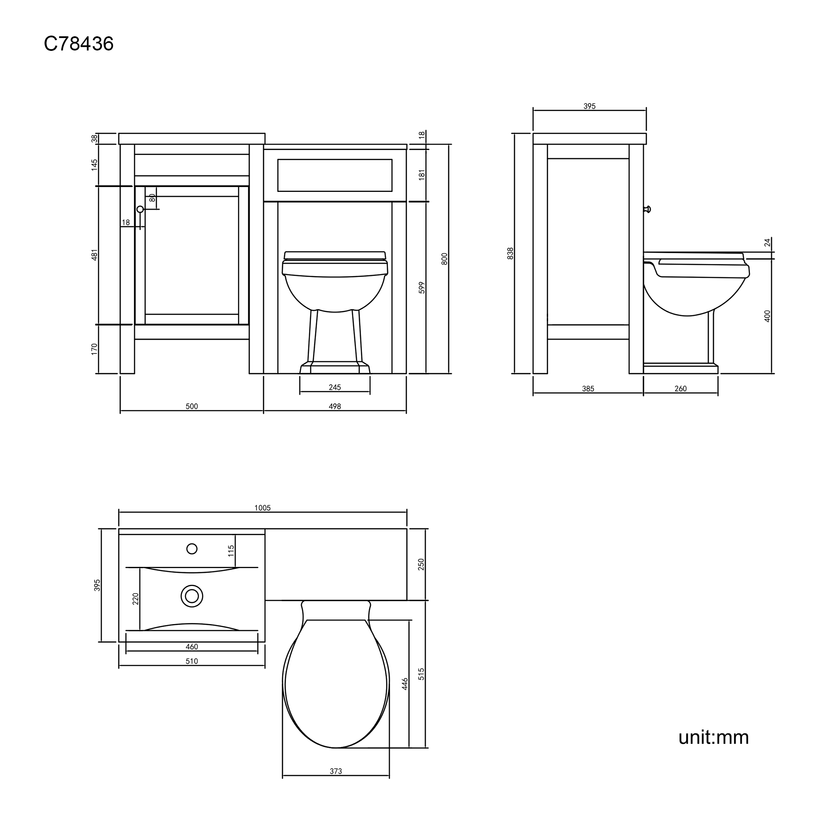 Bermuda Graphite Grey Combination Vanity Basin and Hudson Toilet with Wooden Seat 1000mm