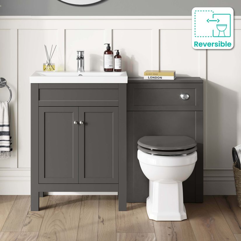 Bermuda Graphite Grey Combination Vanity Basin and Hudson Toilet with Wooden Seat 1100mm
