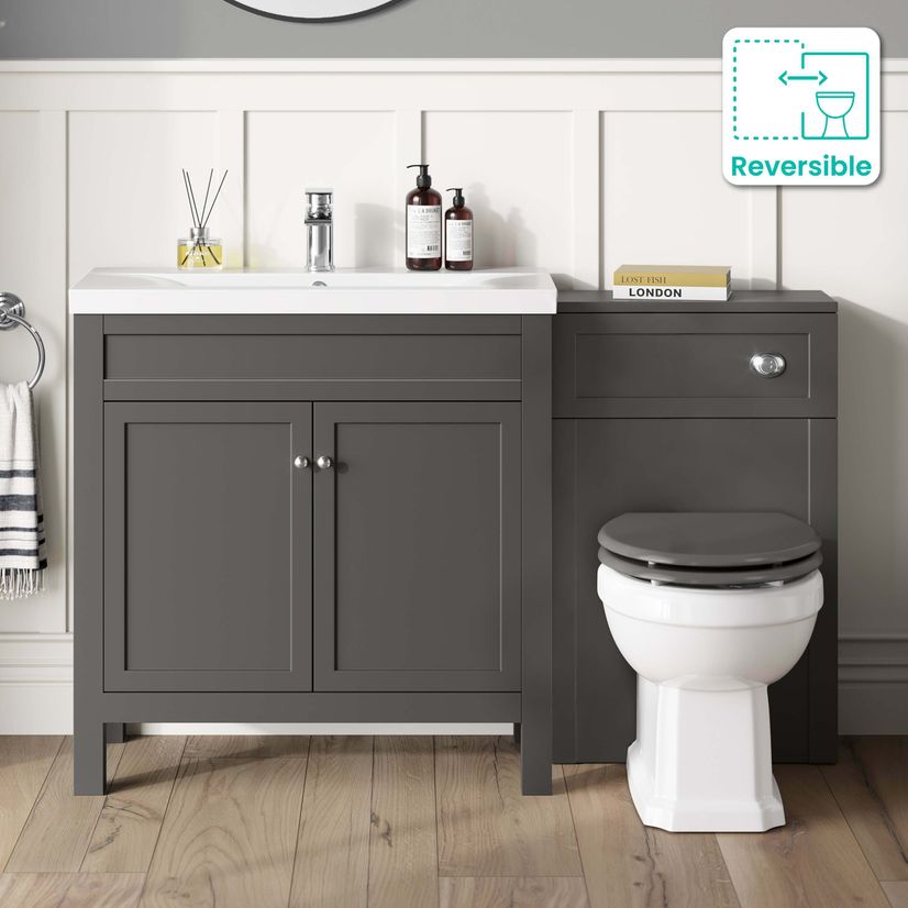 Bermuda Graphite Grey Combination Vanity Basin and Hudson Toilet with Wooden Seat 1300mm