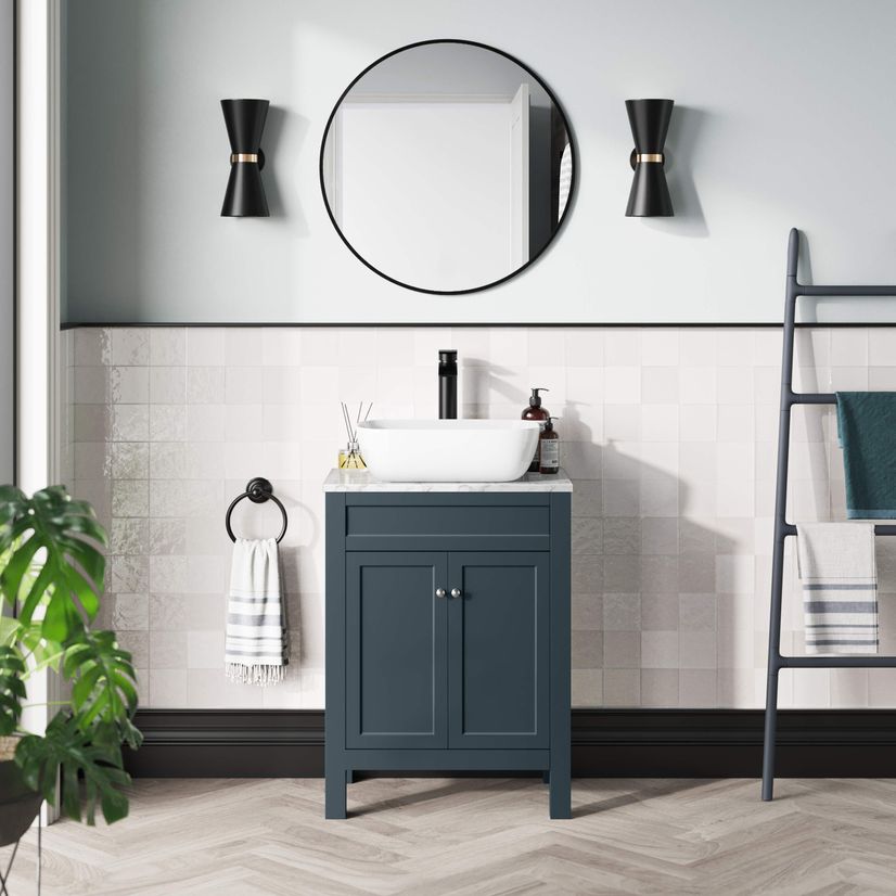 Bermuda Inky Blue Vanity with Marble Top & Curved Counter Top Basin 600mm