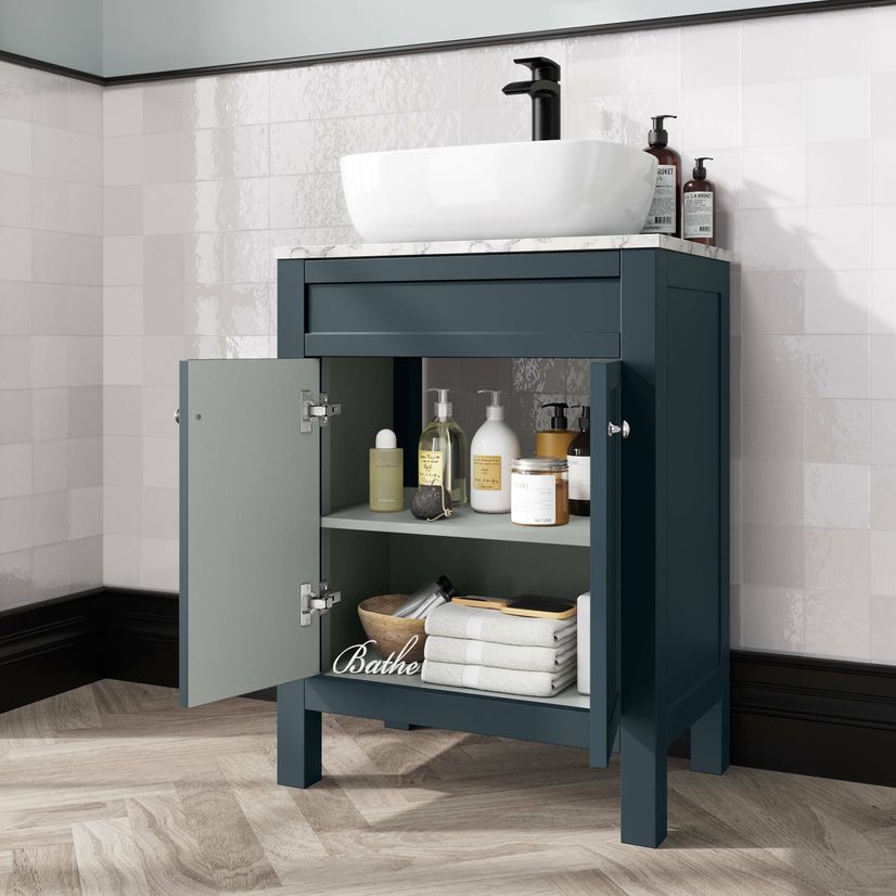 Bermuda Inky Blue Vanity with Marble Top & Curved Counter Top Basin 600mm