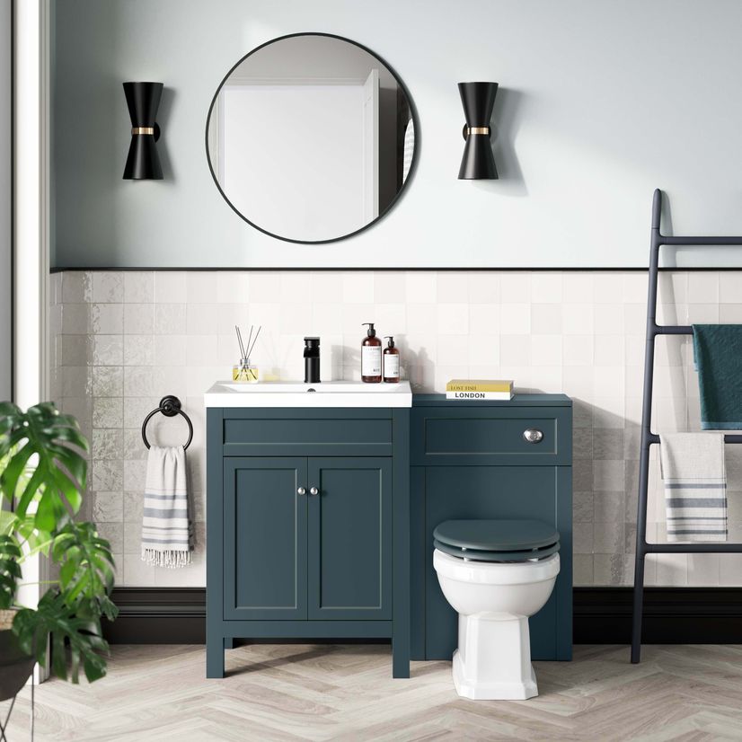 Bermuda Traditional Inky Blue Slimline Back To Wall Unit and Hudson Toilet with Wooden Seat
