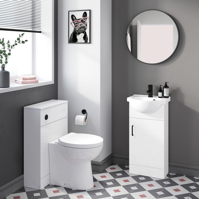 Quartz Gloss White Cloakroom Vanity with Semi Recessed Basin 400mm - Black Accents