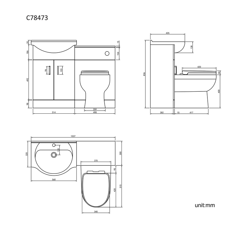 Quartz Gloss White Combination Vanity Basin and Seattle Toilet 1050mm - Black Accents